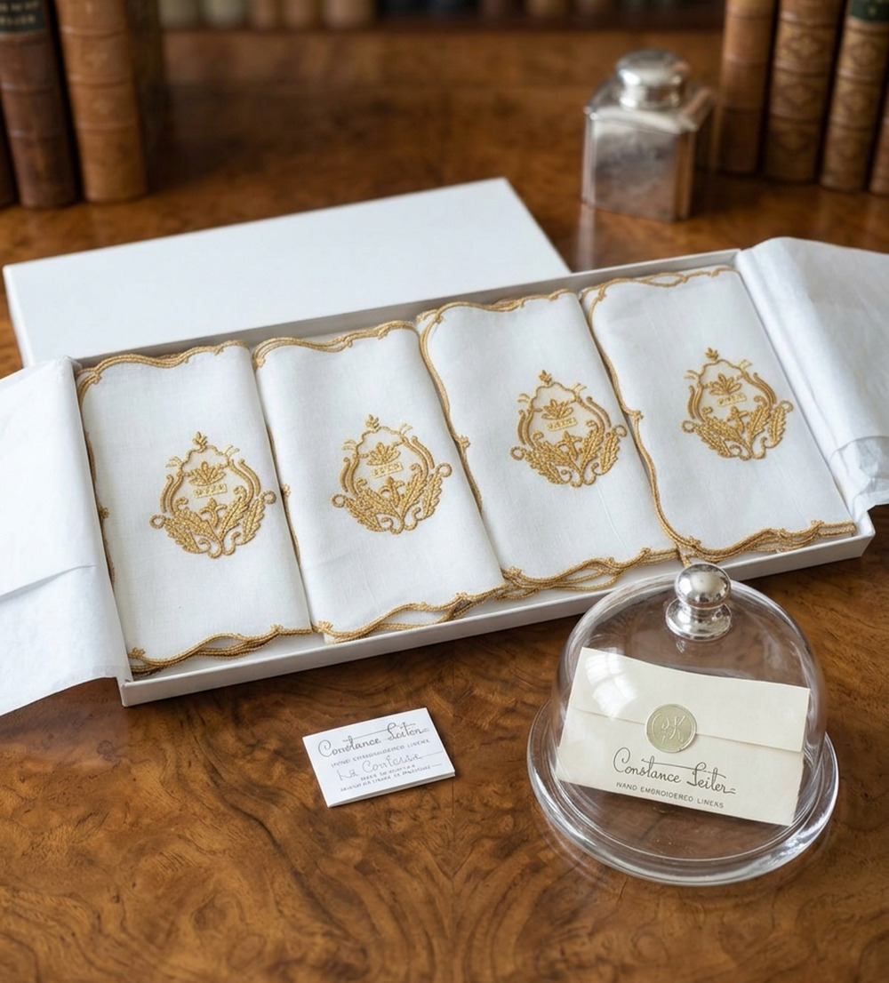 Constance Leiter La Contessa Hand Embroidered Linen Cocktail Napkins White Set 4